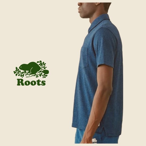 Cotton Denim Blue Peppered Polo Shirt by Roots - Picture 1 of 5